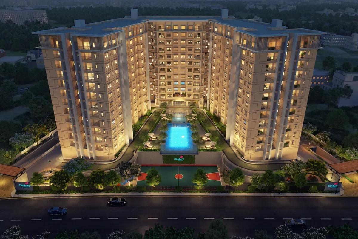 Century Novus towers around a lit pool court at night, Jakkur (artist's impression)